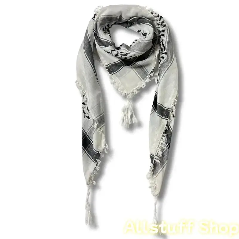 Women's Authentic 100% Cotton Ethnic Keffiyeh Headscarf - Palestinian Shawl with Handmade Embroidery, Fringe Trim, 47x47in Square Desert Wrap, Hijab-Style Scarf Head Wrap, 1 Size, Muslim Fashion (Sports & Outdoor Use), Keffiyeh Desert Wrap
