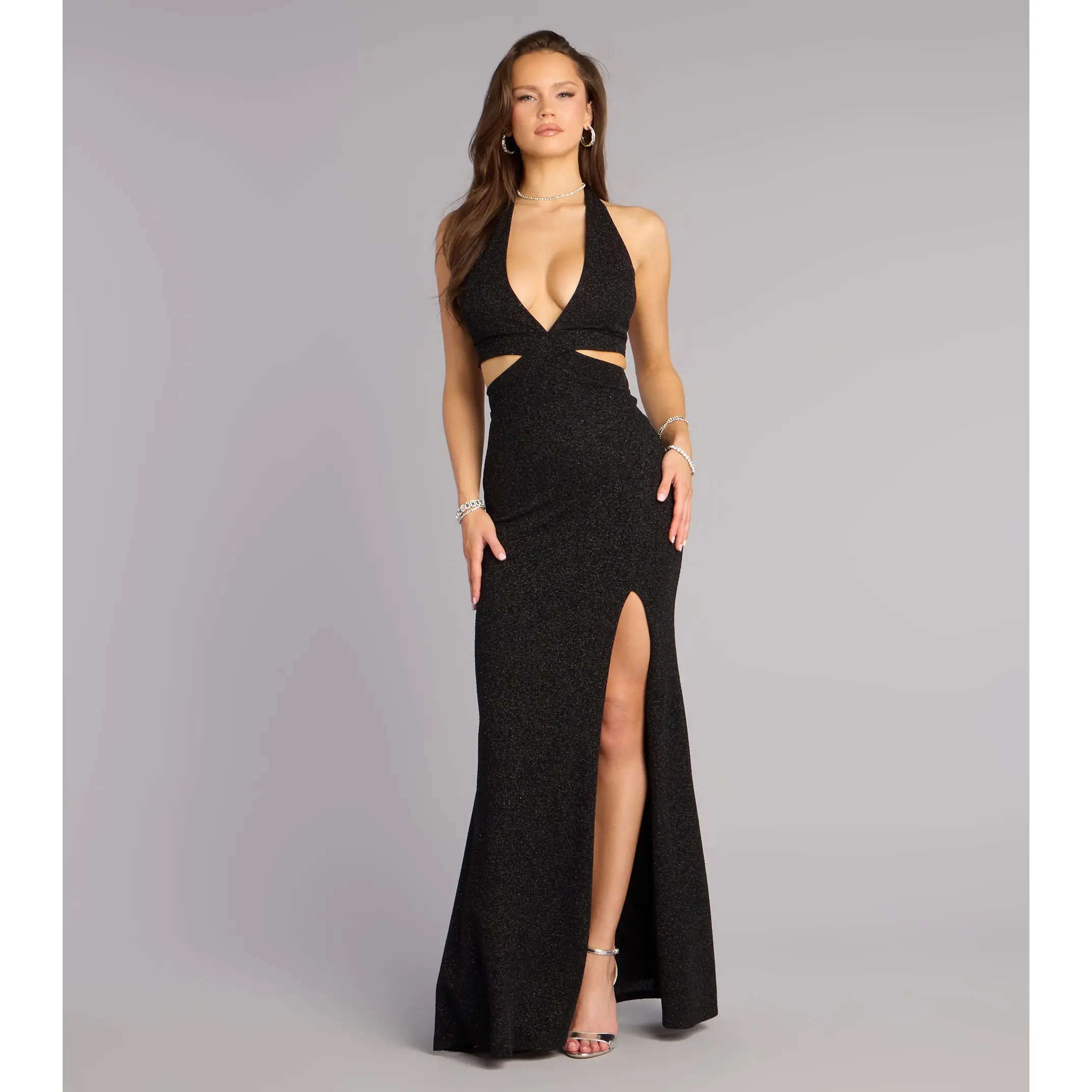 glitter cut out dress Lacing Strap Cut Out Glitter Maxi Dress, BlueGrey / XS main image 1
