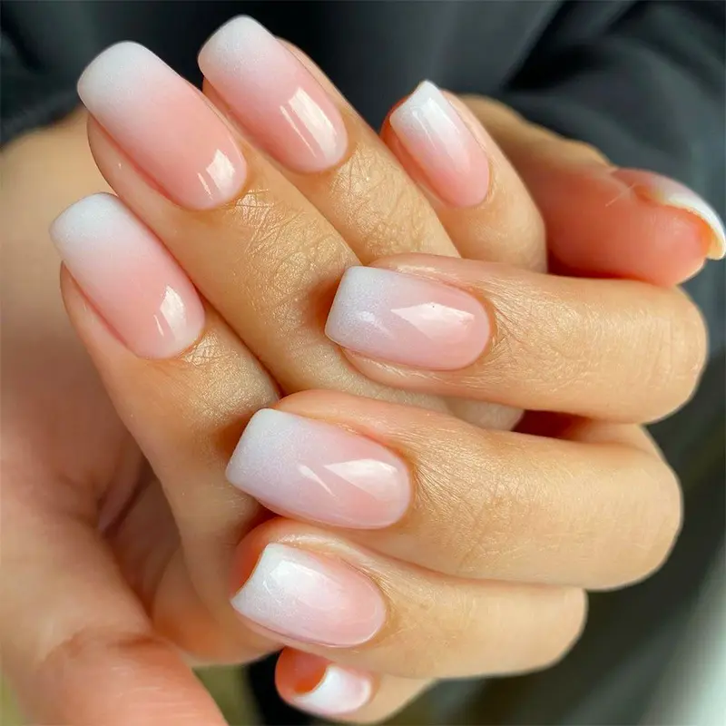 Valentine's Day Limited Vanilla Cream Press On Nails | Short Square Ombre Soft Gel 24Pcs W/ Glue Reusable  French Pink Gradient Nails