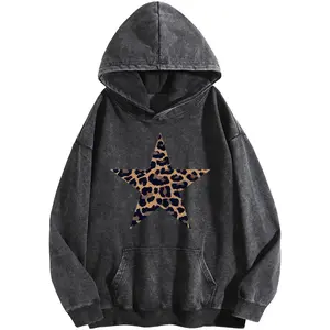 Holafish Women's Trendy Queen Leopard Print Star Print Acid Wash Hoodie Vintage Sweatshirt Oversized Loose Fit Winter Warm Streetwear Casual Tunic DF010