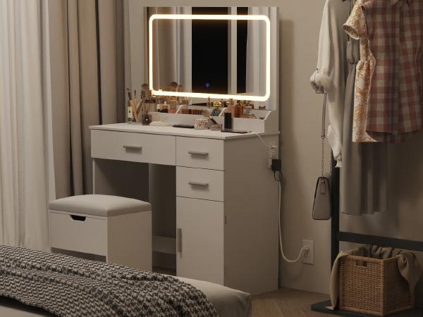 Lifewit 35.4'' White Vanity Set with Mirror & Lights, Adjustable Brightness, 3 Drawers, 1 Cabinet, USB Ports - Gift for Girl Daughter, Mothers Day Gifts
