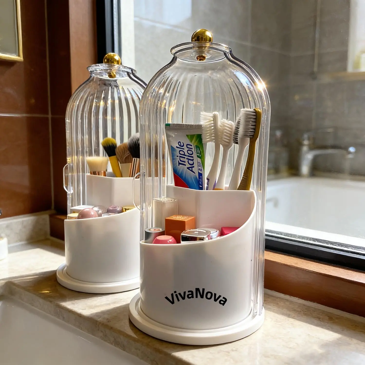 Dustproof Toothbrush Holders with Cover, 360 Degree Rotating Cosmetics Storage Box, Pen Holder, Makeup Brush Organizer, Dustproof Acrylic Lid, Suitable for Dressing Table, Bathroom And Countertop,Back to School School Supplies