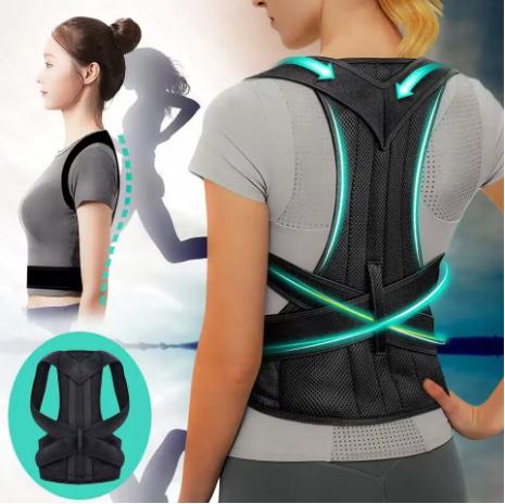 Reinforced lumbar posture correction vest, with adjustable back support straps, shoulder and spine support, and neck stretching device.