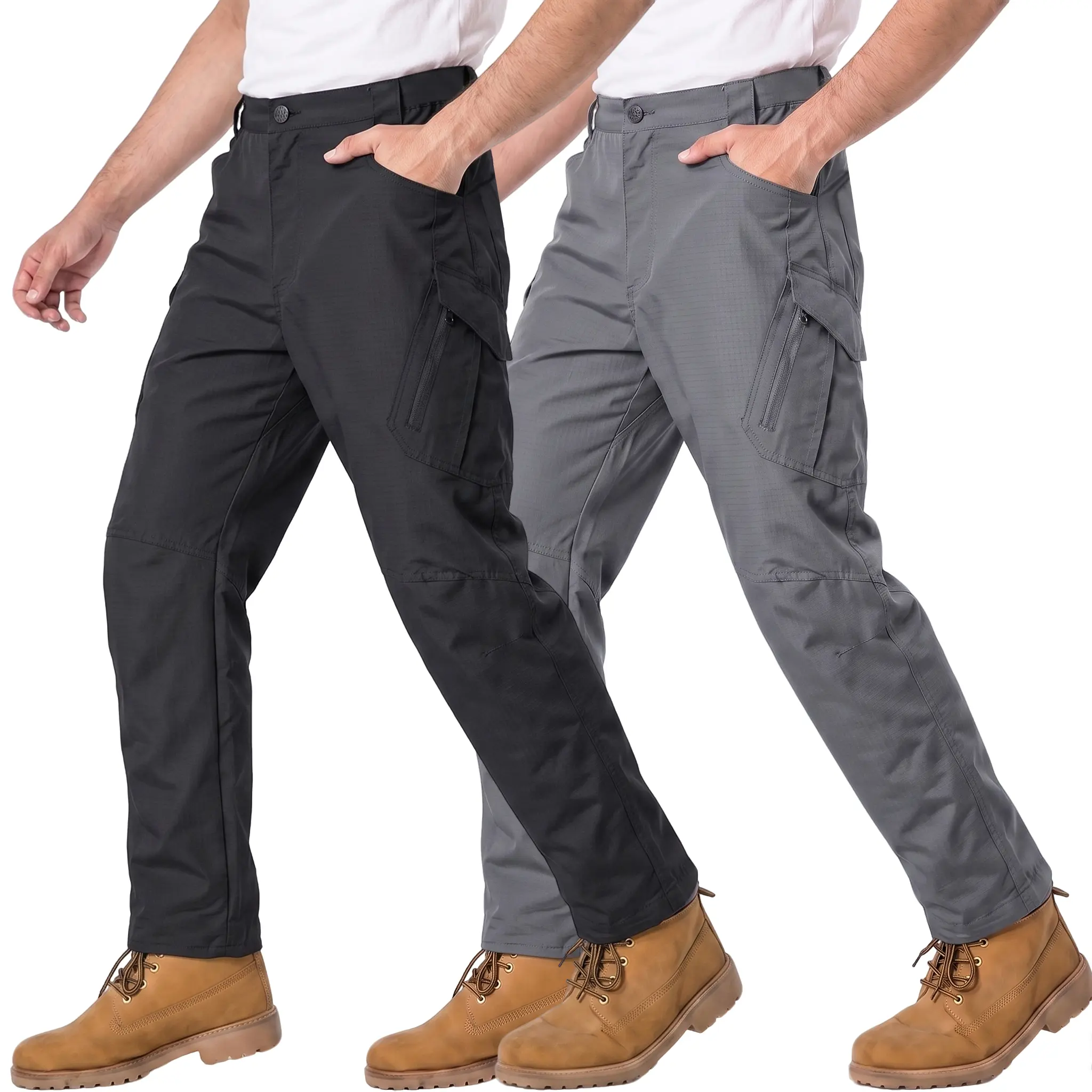 Men's 2-Piece Tactical Cargo Trousers, Menswear, Mid-Rise Zip Tailored Fit, Multi-Pocket, Durable Breathable Polyester, All-Season, Stylish Casual, Ideal for Construction Work.