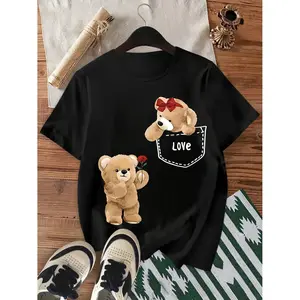 Casual Summer Women's Gray Teddy Bear Print Cotton TShirt Featuring Pink Bear Bow Tie Pocket Short Sleeves and Crewneck Design