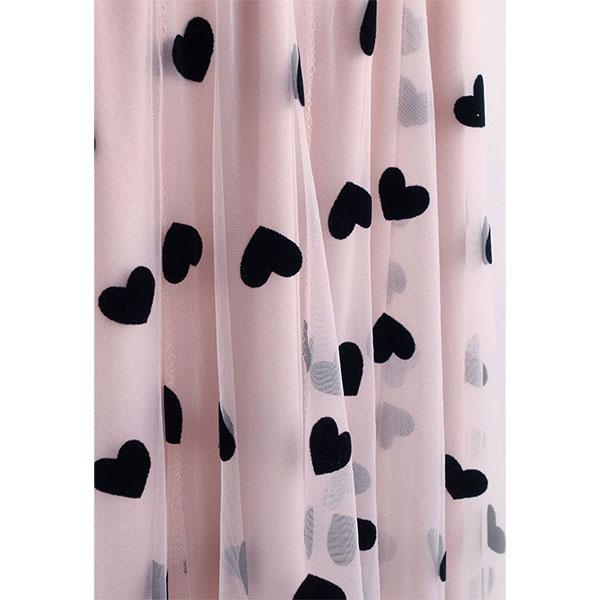 3D Heart Double-Layered Mesh Maxi Skirt – Flowy Tulle with Heart Details, Velvet Trim, Ethereal Silhouette, Elastic Waist, Perfect for Date Night, Parties & Special Occasions, Evening Wear