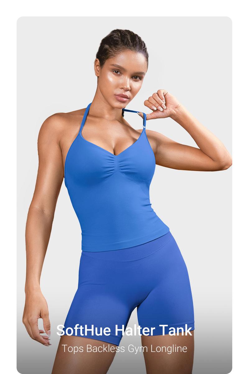 YEOREO SoftHue Impact Longline Strappy Top Women's Halter Workout Tank Tops Backless Gym Longline with Adjustable Strap
