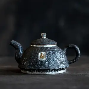 Culture & Creative Handcrafted Dunhuang Ceramic Gongfu Tea Pot for Home Use — Large Capacity, Thick Earthenware, Silver-Plated Finish, Suitable for Growing/Maturing