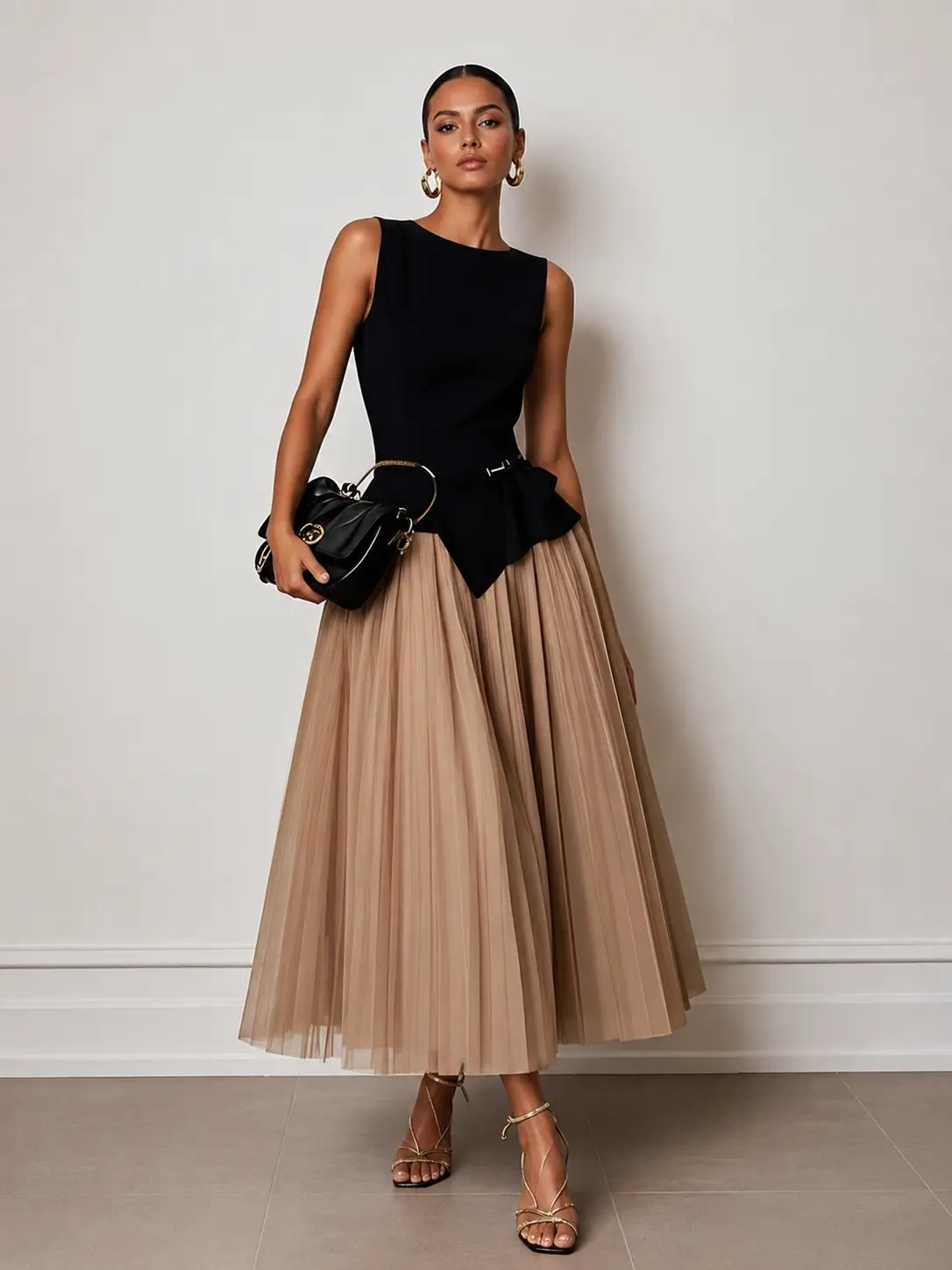 FEHAUTE Cocktail Party 2 Piece Set Belted Pleated Skirt Asymmetric Top Boat Neck Sleeveless Business Dressy Outfits Elegant Chic