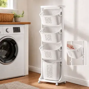 Littleox 4-Tier Rolling Laundry Sorter Cart | Detachable Laundry Baskets with Wheels, White Dirty Clothes Storage Organizer for Bathroom & Bedroom