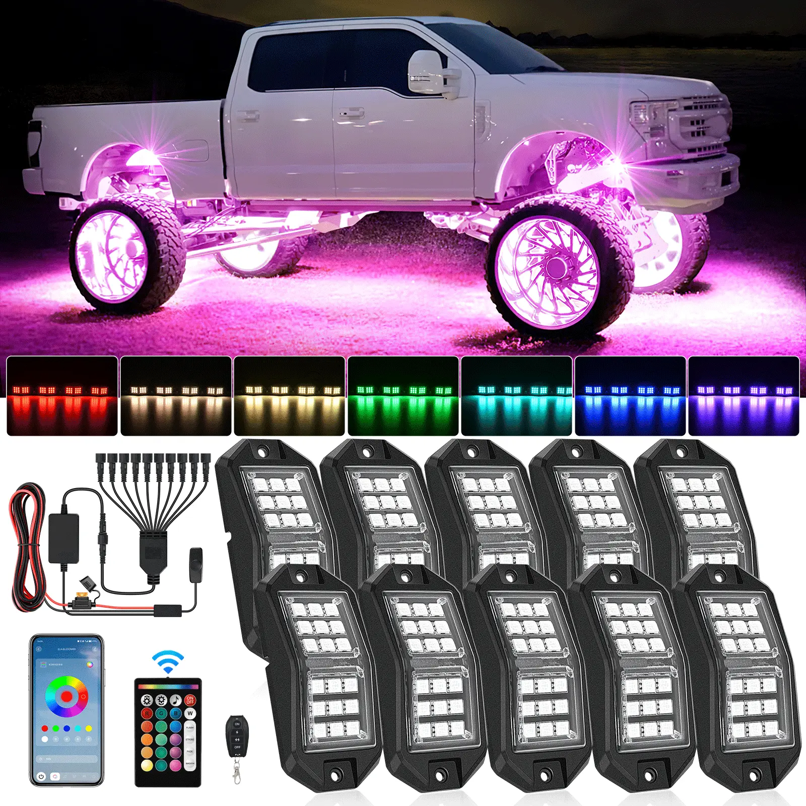 Nilight RGB LED Rock Lights Kit with Strobe Light Module - 10 PCS 18LED Wide-Angle Wheel Well Pods, Remote & Bluetooth APP Dual Control, Multi-Mode Under Glow Neon for Offroad Trucks, ATVs, Rgb Side Lights