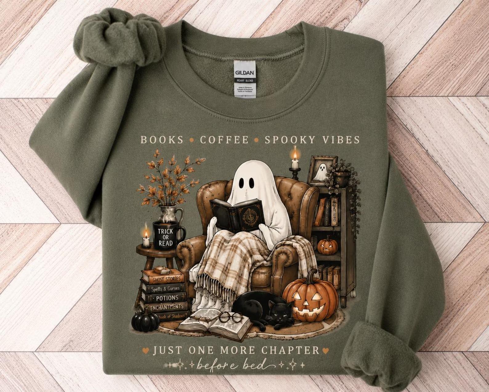 Cozy Ghost Reading Gildan Sweatshirt or T-Shirt, Book Lover Coffee Spooky Vibes Shirt, Cute Halloween Reader Fall Graphic Tee