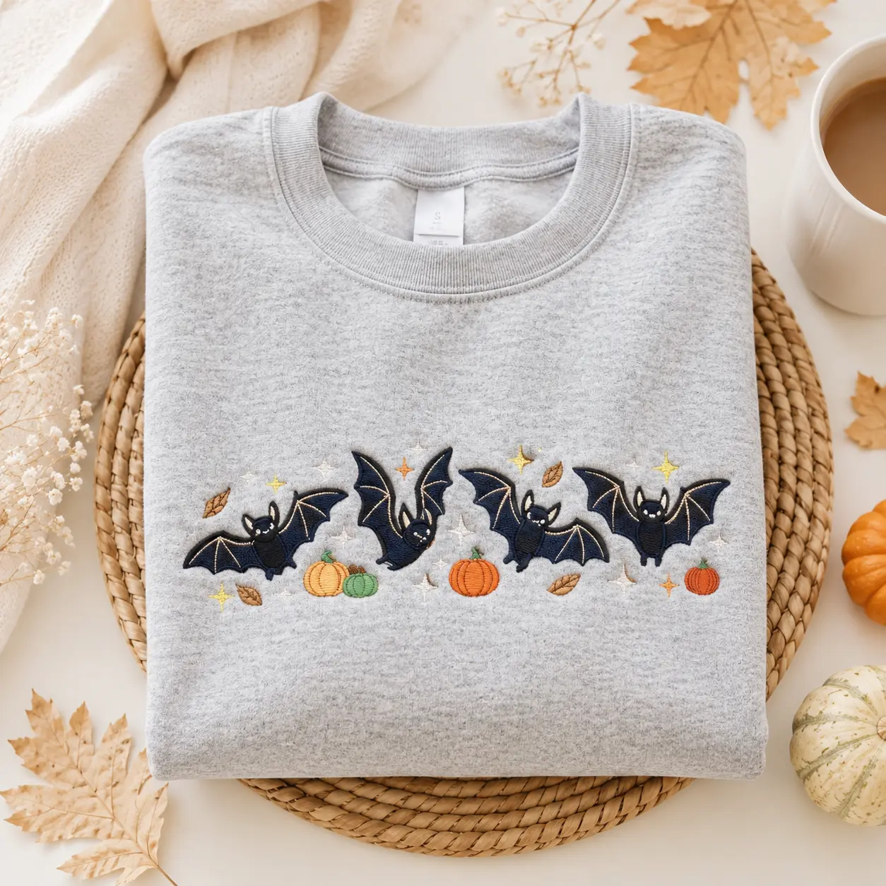 Embroidered Bats And Pumpkins Sweatshirt,  Fall Cosy Sweater, Halloween Gifts, Spooky Autumn Jumpers