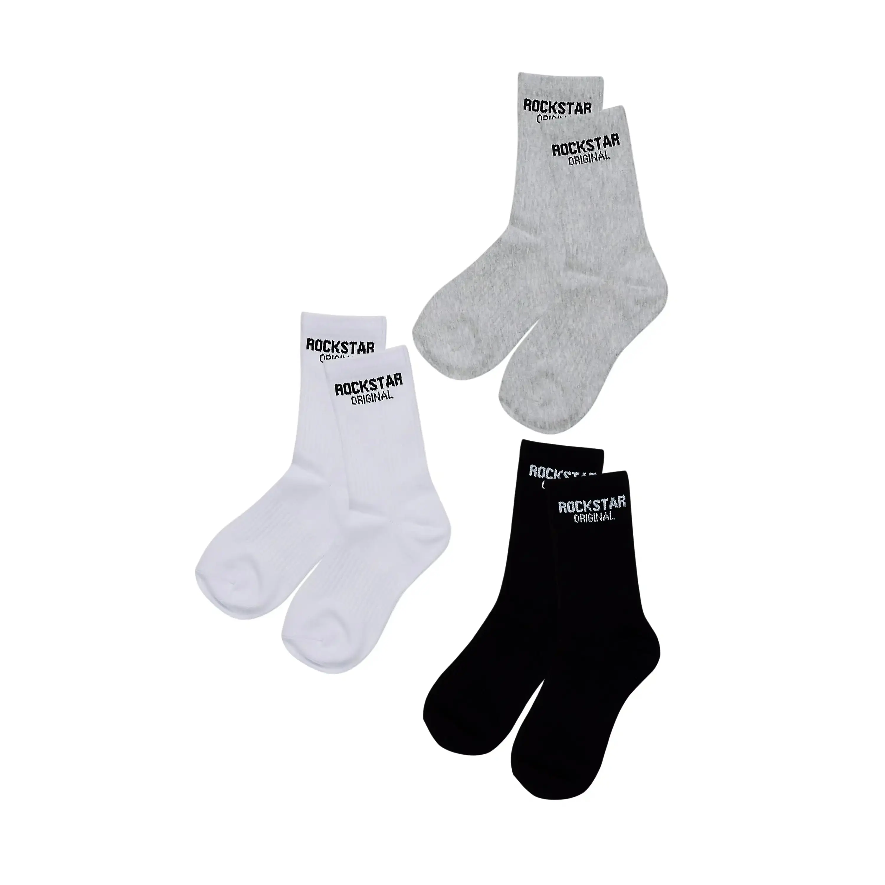 Womens Rockstar Dist White/Black/HeatherGrey Basic Socks 3 Pack