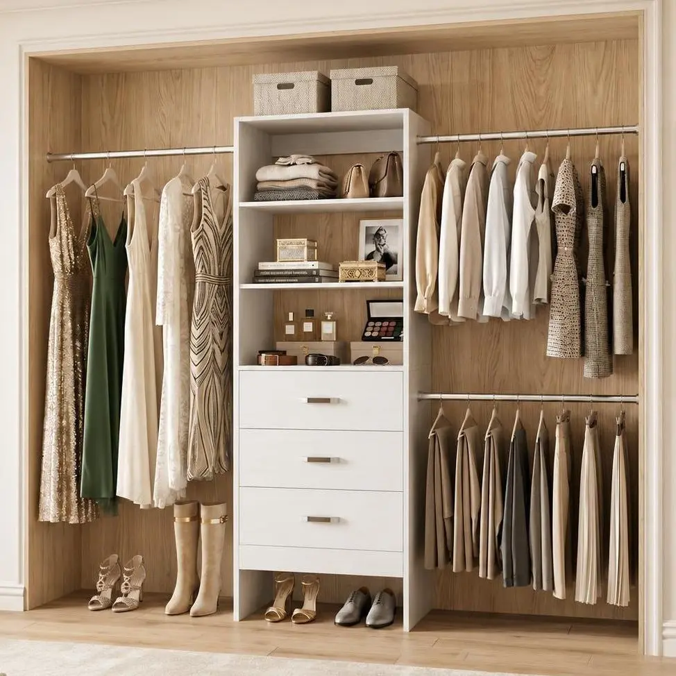 96''W Closet System with 3 Wood Drawers,Modern Walk-in Closet Organizer with 3 Adjustable Hanging Rods for Bedroom