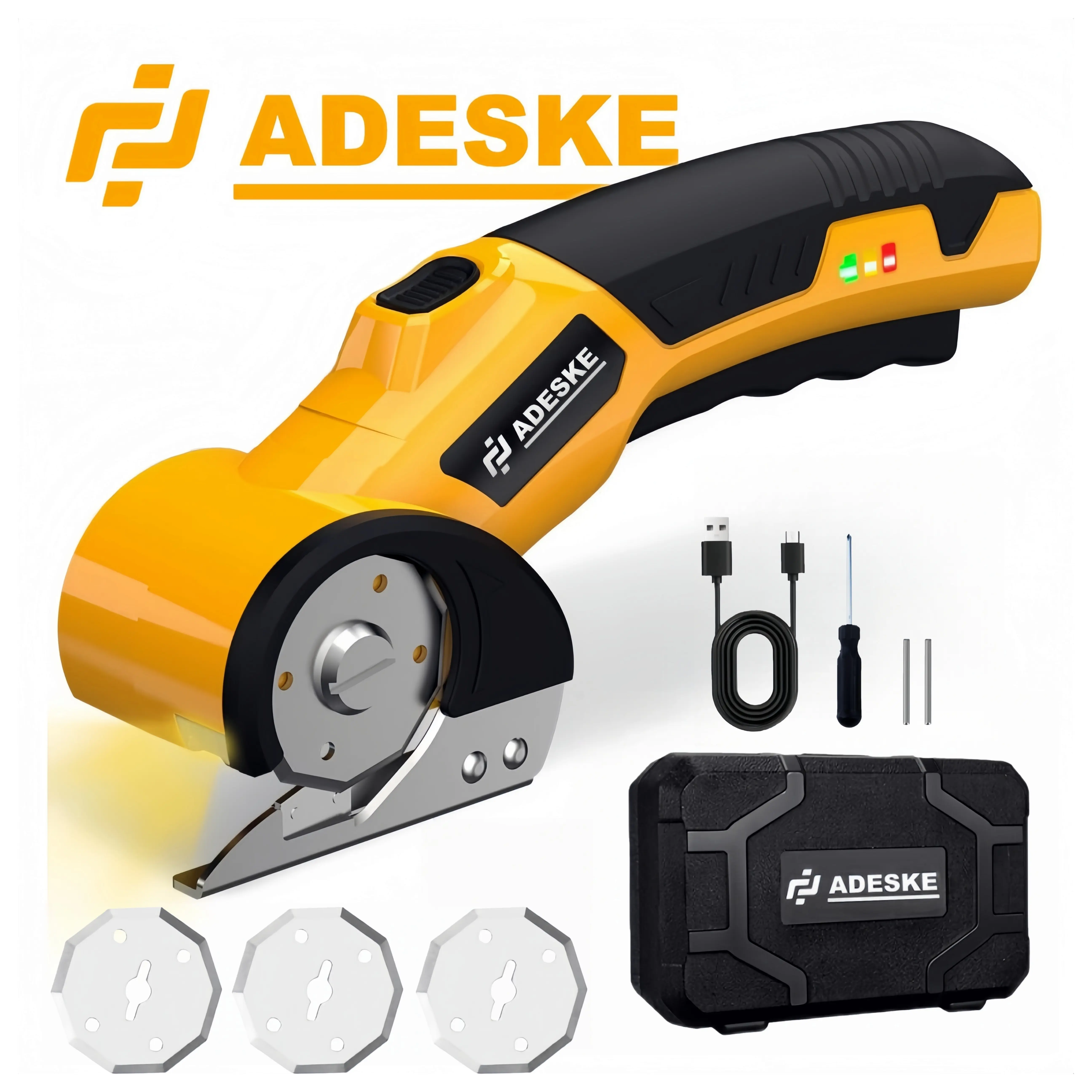 ADESKE Cordless Heavy-Duty Electric Scissors, rechargeable cardboard cutter, suitable for cutting cardboard, leather, carpet, and plastic.  Comes with a beautiful storage case.
