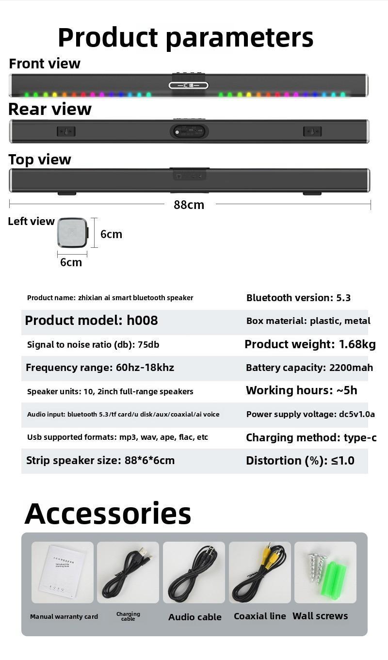 HUICHANG 10-Speaker RGB Soundbar – Wireless Bluetooth 5.3 Slim 34.6” Design,  Deep 9D Bass, TWS Stereo, Piano Black Finish, AUX/USB/Coaxial Inputs, Perfect for Home Theater, TV, Gaming & Party Smartphone Audio，Black Friday, gifts，New Year's Party