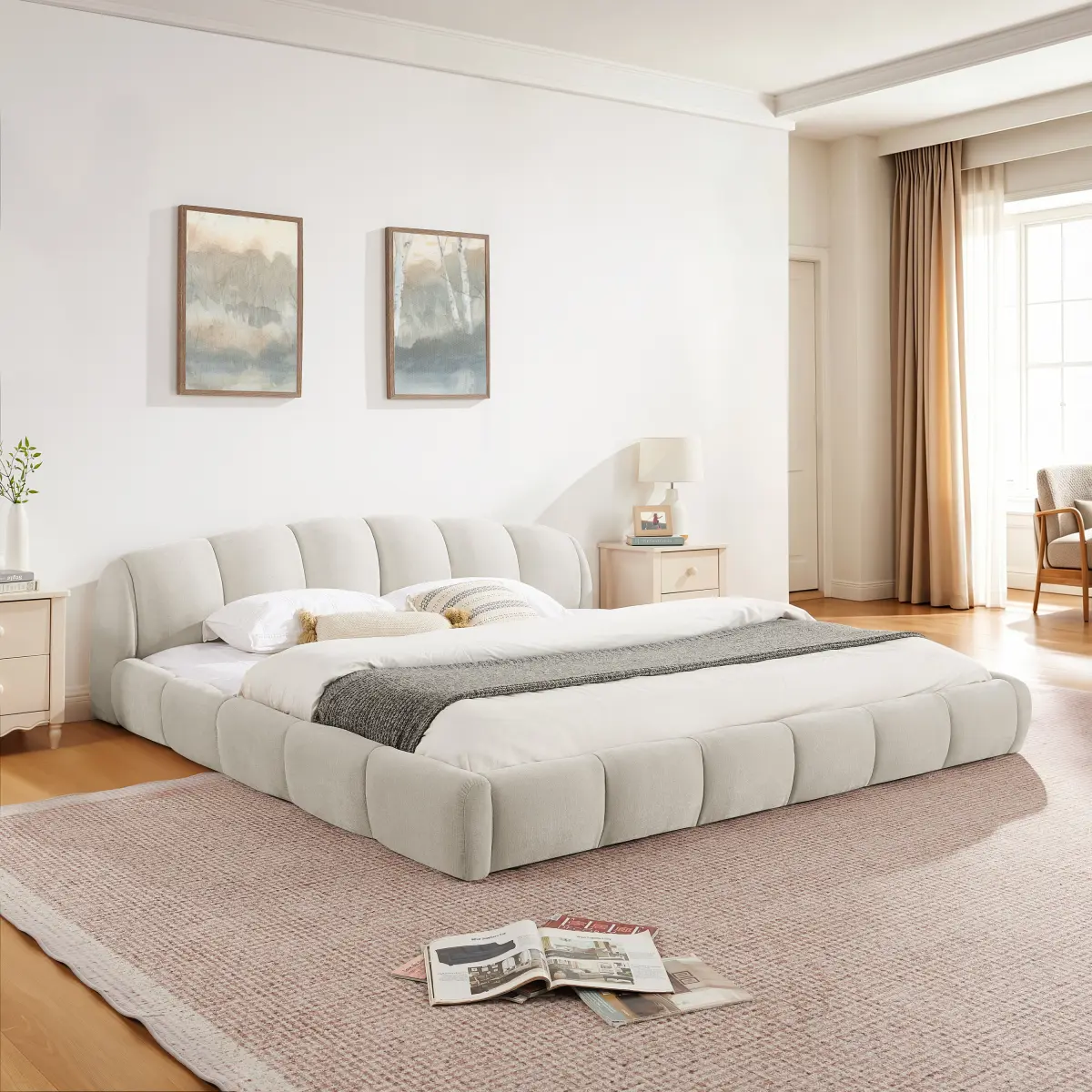 Aobtkel King Size Chenille Contemporary Upholstered Bedframe - Curved Segmented Headboard, Wrapped Footboard, Low Profile Floor Bed with Full Padded Surround, No Box Spring Needed, Stable Bedroom Furniture, Easy Assembly, Beige