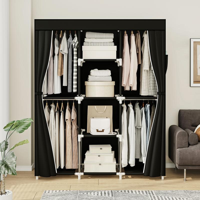 Portable Wardrobe Closet Clothes Rack Organizer for Hanging Clothing Freestanding Adjustable Storage 4 Tiers Shelves for Bedroom Sturdy Large Capacity Non Woven Fabric,Black (Black, 50"W x18"D x 70"H)