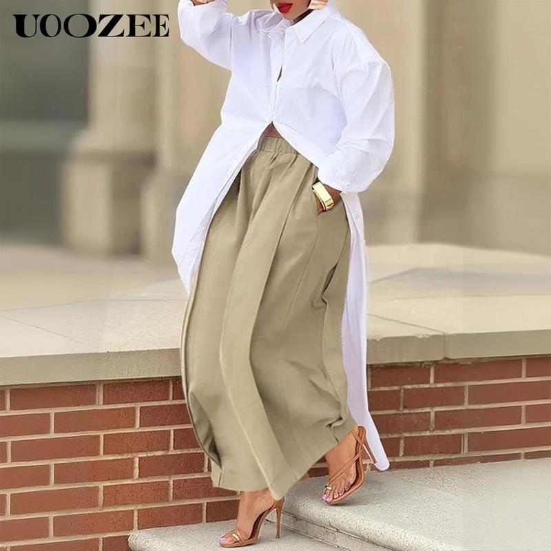 UOOZEE Women's Khaki Loose Multicolor Cropped&Long Trousers 100% Cotton Soft Summer&Autumn/Winter Comfortable Breathable Fabric Elastic Waistband Lantern Pants with Pockets Casual Style Bottoms Outfit Minimalist Spring Basic teacher outfits