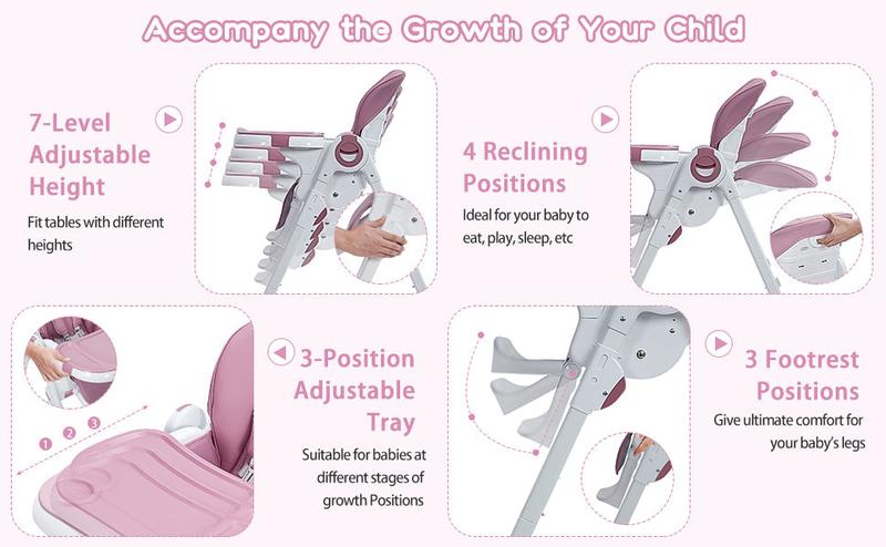 GARVEE Baby High Chair: Adjustable Height, Reclining Feature, Lightweight Aluminum Frame, Easy Clean Removable Tray, Foldable Design, Available in Lilac and Dark Gray, Ideal for Feeding and Playtime.