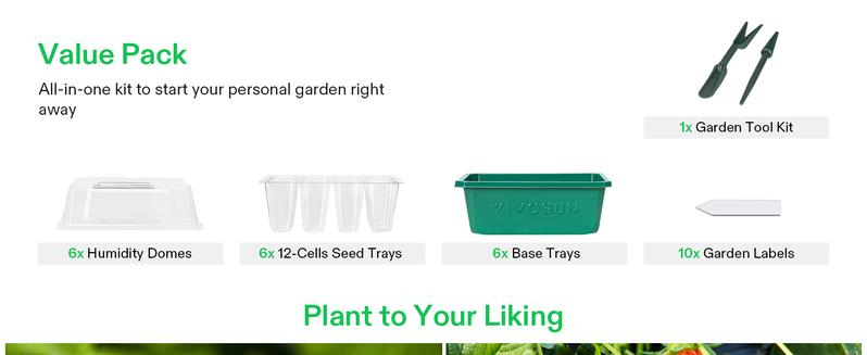 VIVOSUN 6/12-Pack Seed Starter Trays,Seed Starter Kit with Humidity Dome, Flat Reusable Plant Germination Trays with Drain Hole, Green Propagation Tray for Planting Seeds