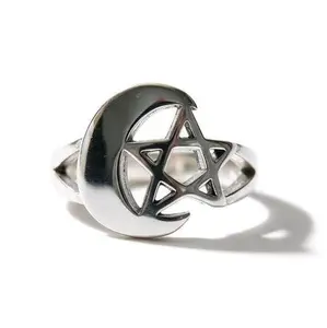 Sterling Silver Pentagram Crescent Moon Ring