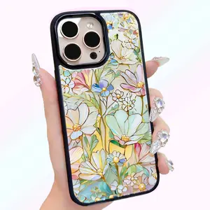 Lovely Floral Flowers Aesthetic Pattern Phone Case, Compatible with MagSafe, Stained Glass Shockproof Anti-Scratch Stylish Protective Phone Cover for iPhone 17/16/15/14/13 Series