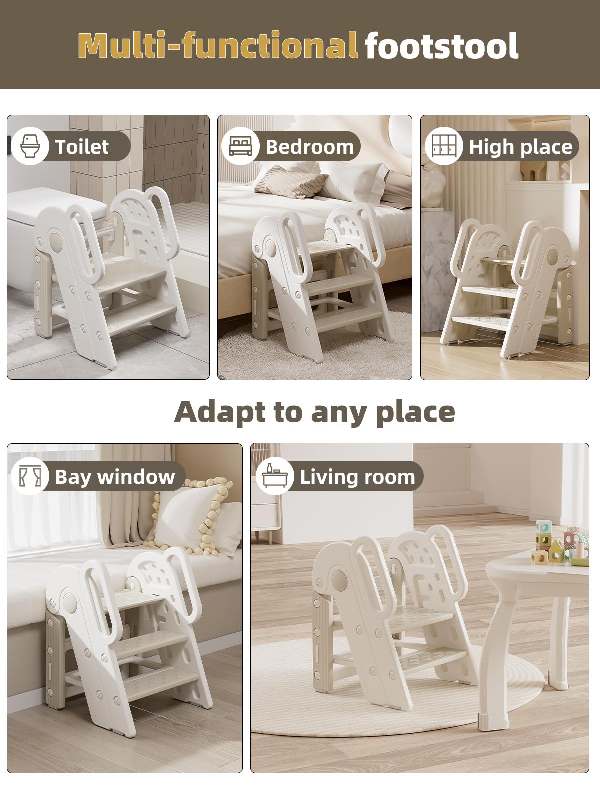 Toddler Step Stool for Bathroom Sink,Adjustable 3 Step Stop for Kids with Handles,Toilet Stool Potty Training,Foldable Step Stool for Bedroom Kitchen Counter,Plastic Ladder for Toddlers Beige