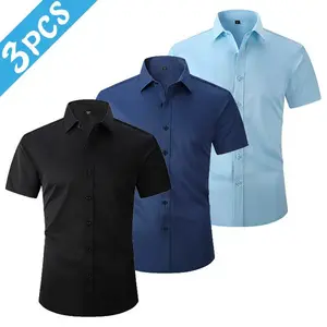 Men’s Summer 3-Pack Short-Sleeve Dress Shirts — Breathable fabric, solid color design, comfortable fit; perfect for hot weather and light business outfits.