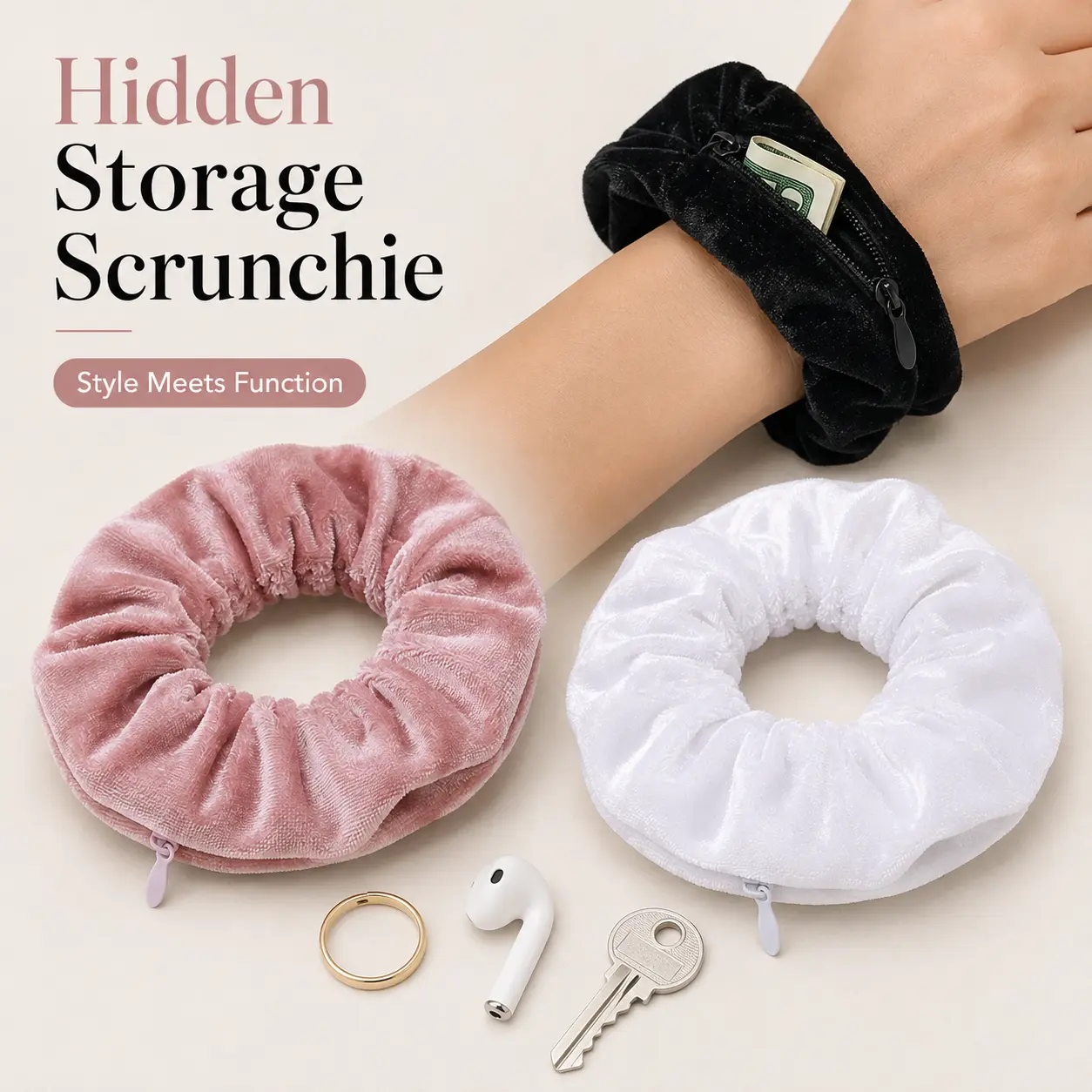 [Back to School]Hair Tie Storage Pouch, 3/6pcs Multiple Options Portable Money Hider & Organizer, Zippered Velvet Scrunchie Elastic Hair Tie with Secret Pocket for Keys, Cash, Lipstick, Zippered Closure, Hair Accessories - MM2