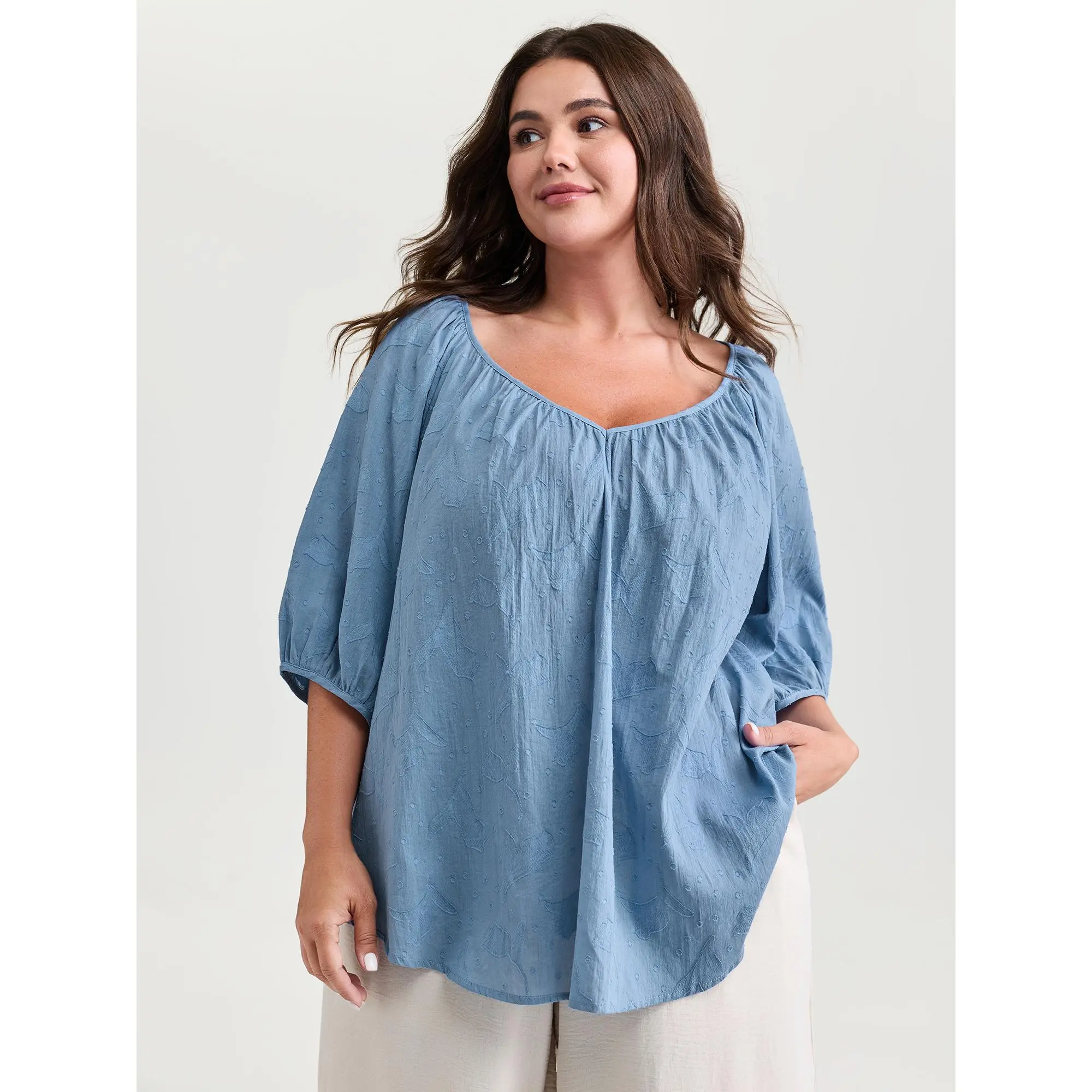 【Summer Turn-Up】【V-neck】BlOOMCHIC Plus Size Pure Cotton Jacquard Pleated Blouse [M-6X] 2026 Summerfinds