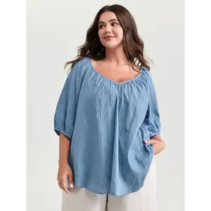 【Summer Turn-Up】【V-neck】BlOOMCHIC Plus Size Pure Cotton Jacquard Pleated Blouse [M-6X] 2026 Summer Pick for Mother's Day