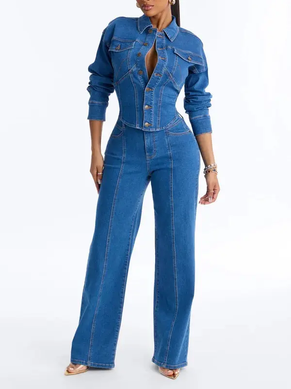 Nessa Denim Pant Set - Medium Wash - TikTok Shop