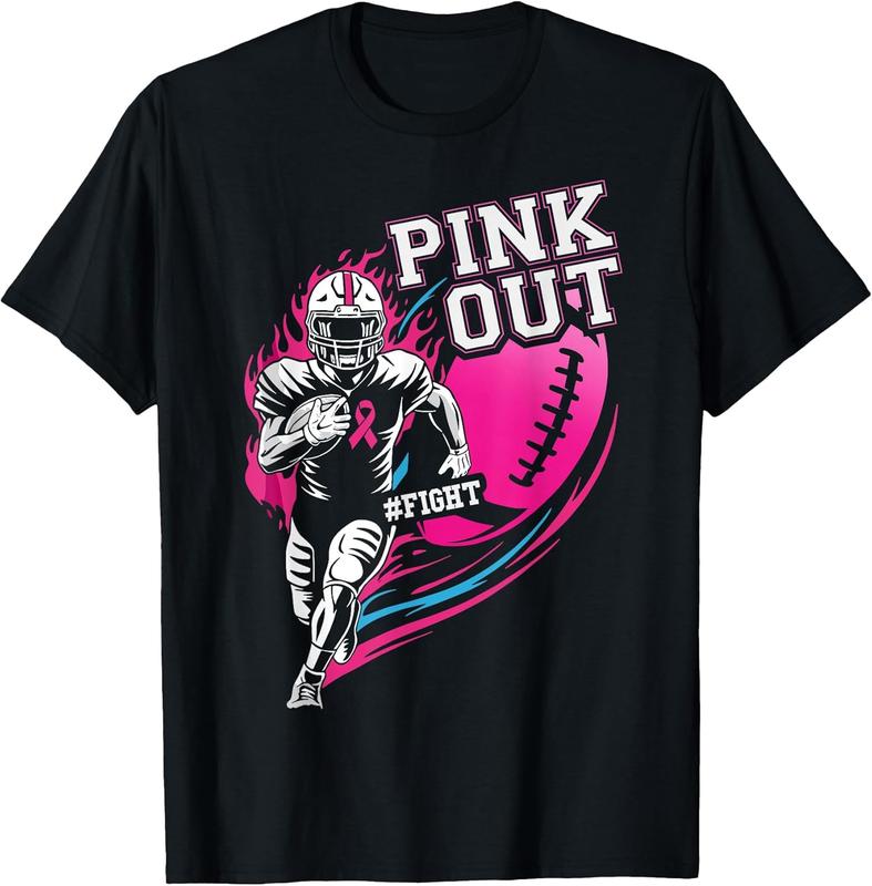 Pink Out Football T-Shirt Unisex 100% Cotton Breast Cancer Awareness Sporty Casual Everyday Round Neck Short-Sleeve Machine Washable All-Season Fit Women Girls Boys Top