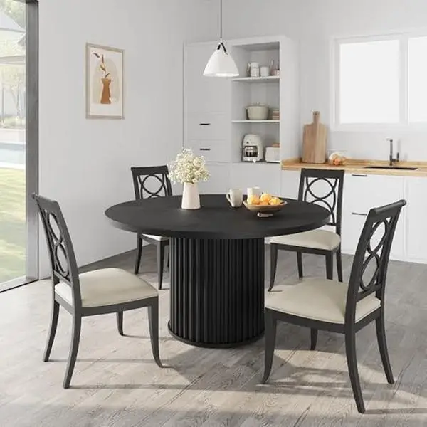 47 in Round Industrial Modern Dining Table Set - Sturdy Waveform Metal Pedestal Base, Black Circular Top Modern Kitchen Table, Indoor Furniture for 4-6 People Family Meals