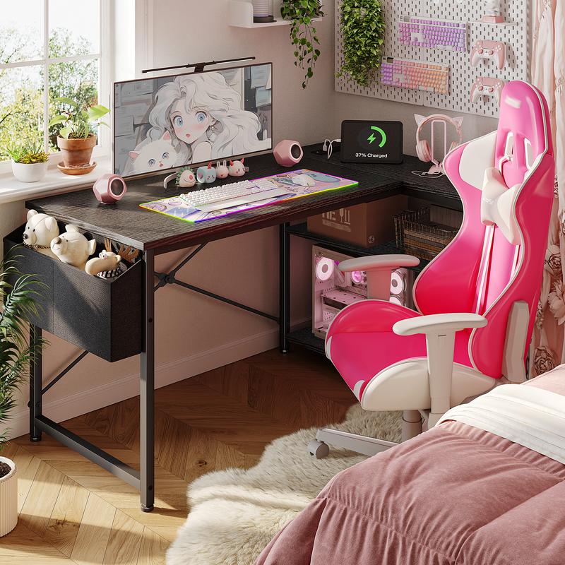 【Dorm Room Gaming Setup】Raybee 39"/47" L Shaped Gaming Desk Born for Dorm & Apartments, Sturdy Computer Desktop with Power Outlets,USB,Reversible Corner Table, Side Shelves & File Pocket for Home Office Use,Study desk for teenagers