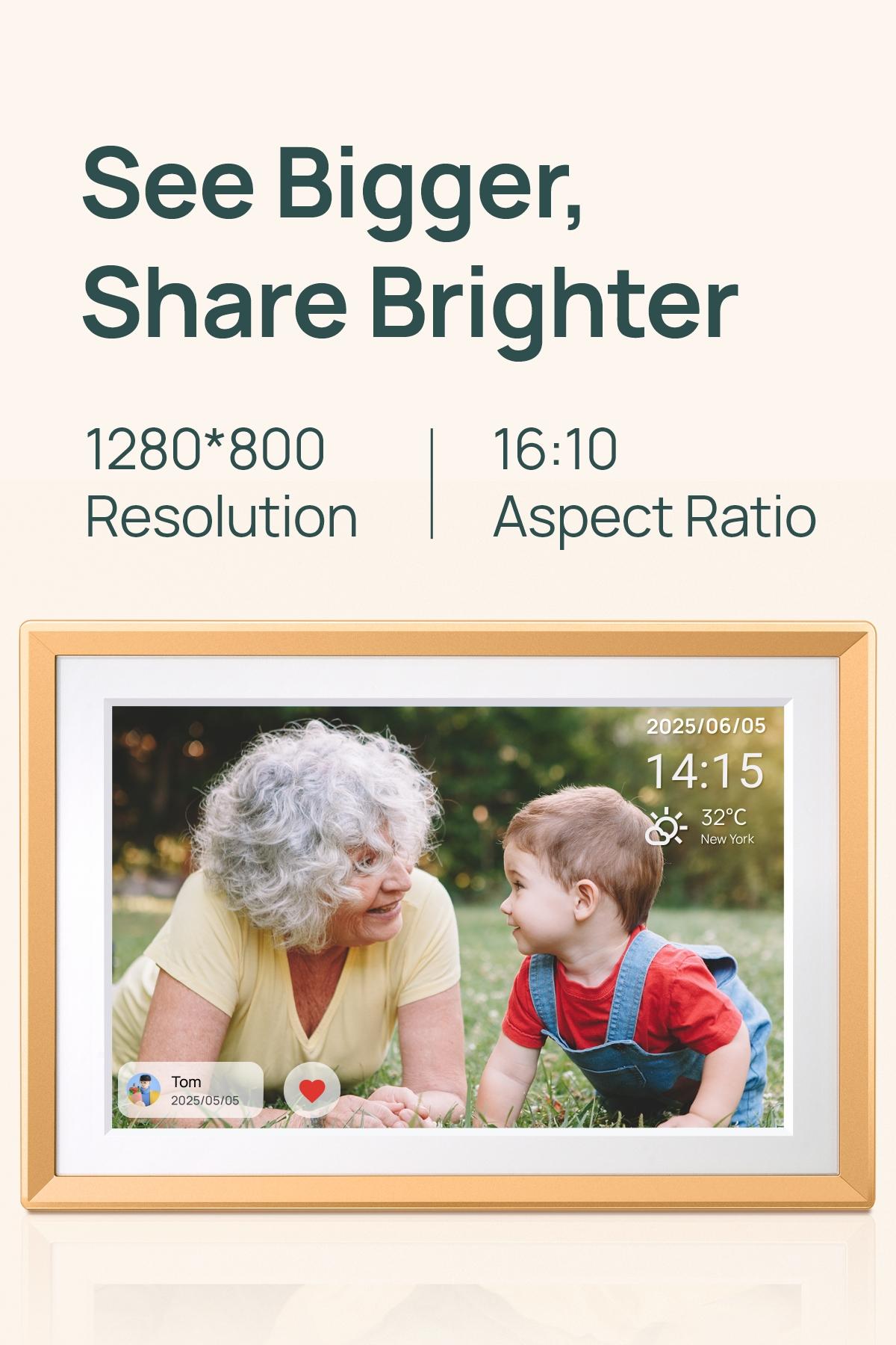 ARZOPA 14.0" Gold Digital Photo Frame Free Unlimited Cloud Storage Touch Screen Auto-Rotate 120s Video Slideshow for Family Friends Couples Nostalgic Memories Display Decor