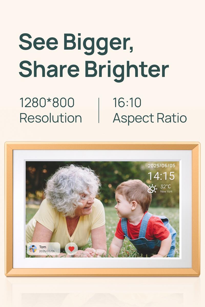 ARZOPA 14.0" Gold Digital Photo Frame Free Unlimited Cloud Storage Touch Screen Auto-Rotate 120s Video Slideshow for Family Friends Couples Nostalgic Memories Display Decor