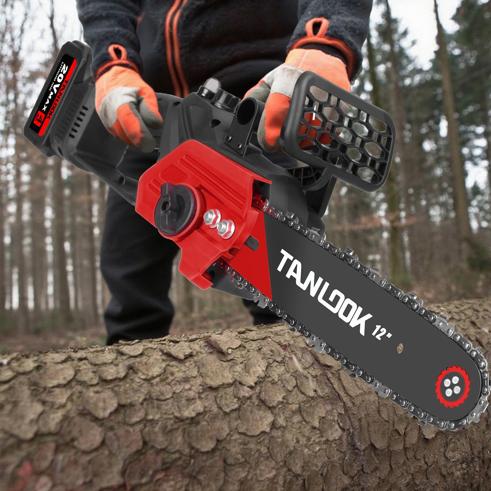 TANLOOK 12 Inch Brushless Electric Chainsaw Saw Logging Saw Pruning Woodworking Garden Power Tool 20V 2*4.0Ah Batteries Cutting Heavy Duty Portable Handle STU4