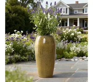 LuxenHome 23" Tall Ceramic Planter, Green Round Pot