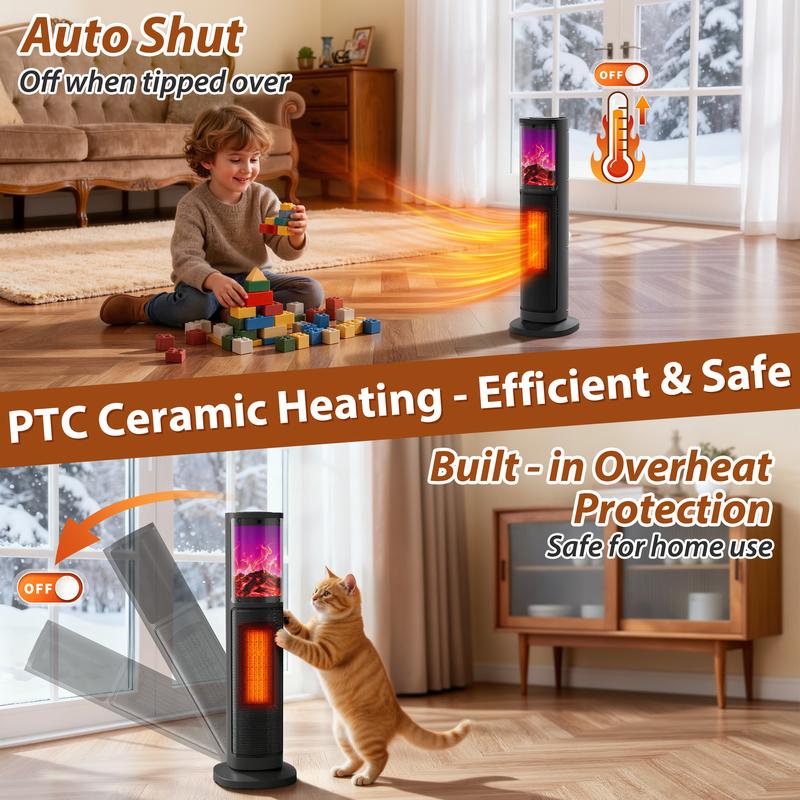 Portable Tower Electric Indoor Fireplace Heater with 3D Realistic Flame, 70° Oscillation for Bedroom, Living Room, Homeowners & Office Workers