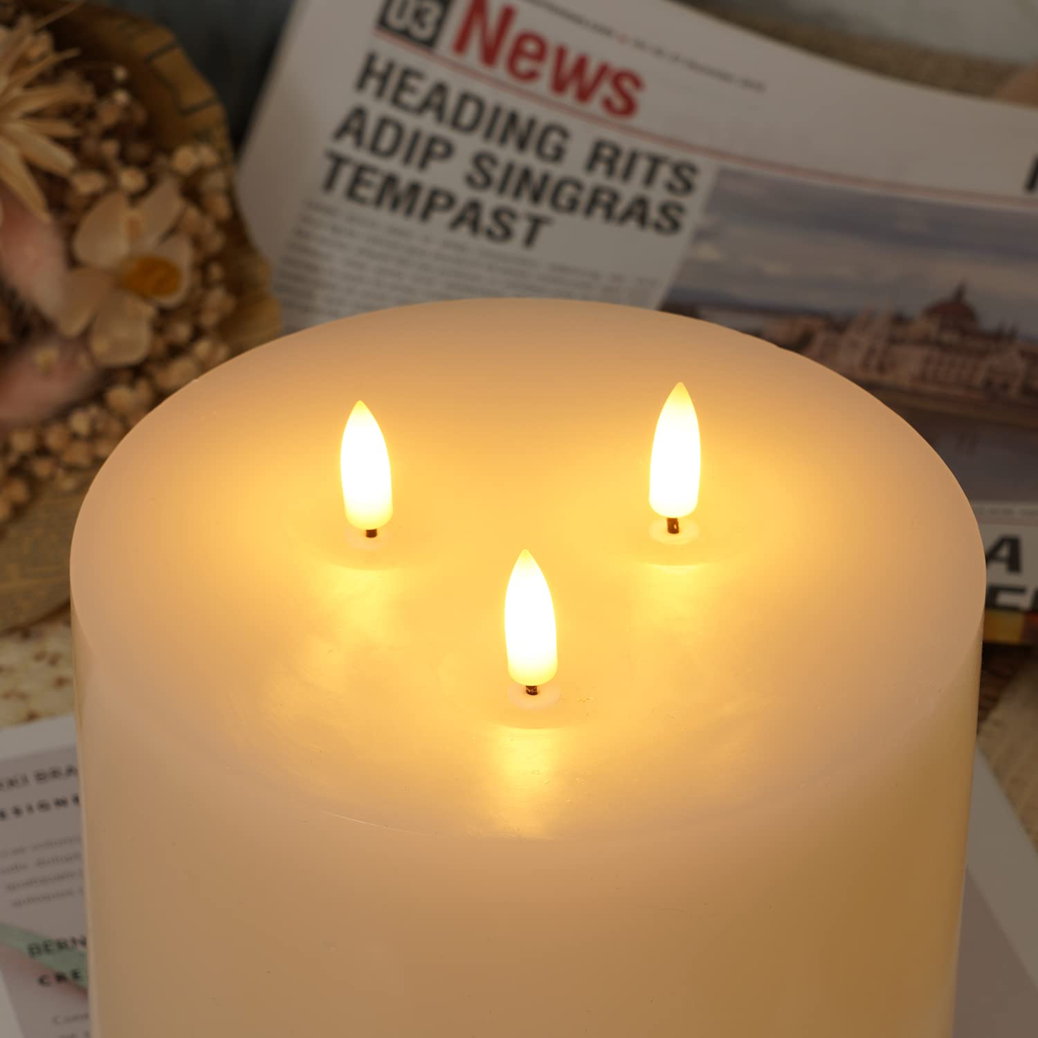 6"x6" Extra Large Flameless Candles with 3 Wicks, Battery Operated Candles with Remote Control and Timers, 6 inch Diameter LED Pillar Candles, Real Wax, Ivory