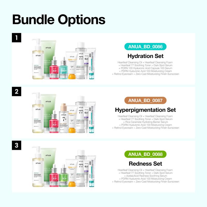 [Anua] Affordable Full-Korean Glass Skincare Routine Set｜8 Essential Tiktok Viral Items in one bundle｜For Hydration, Hyperpigmentation & Redness Care Set ｜ Cleansers, Toner, Serums, Moisturizer, Eyecream, SPF