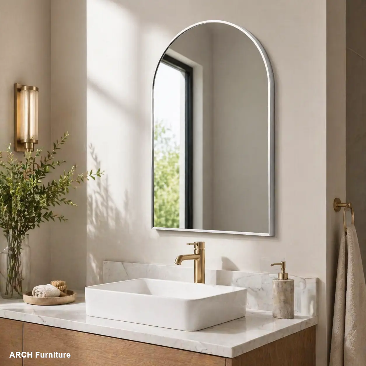 24x36 in Modern Silver Metal Framed Arched Bathroom Glass Mirror - Wall-Mounted, MDF-Backed, Easy Installation for Home Improvement Bathroom Decor (W2203134098) Box