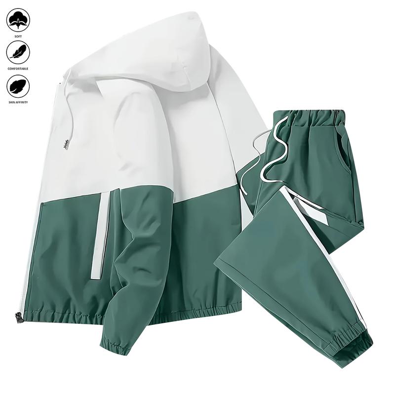 Men's casual two-piece sports outfit - all-season loose multi-color sportswear set with hooded pullover, zipper jacket, long-sleeved coat, pants, jogging pants, gym workout running outdoor set