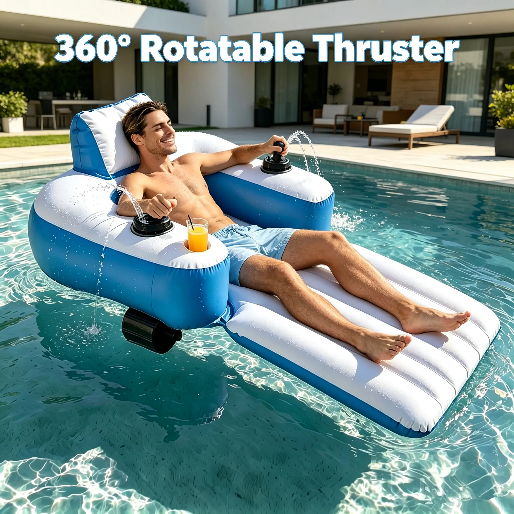 Motorized Inflatable Pool Lounger, 360° Rotatable Propeller-Driven Pool Float with Control Joystick and Back Support for Water Sports, Surfing, Propeller Drive