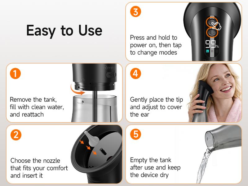 Renergy Electric Ear Wax Removal Kit with LED Display, Powered Ear Wax Remover, Dual Clean & Waste Tank, Water Ear Cleaner & Ear Cleaning Kit, Ear Irrigation Flushing System, 3 Modes, 12 Nozzles, IP67