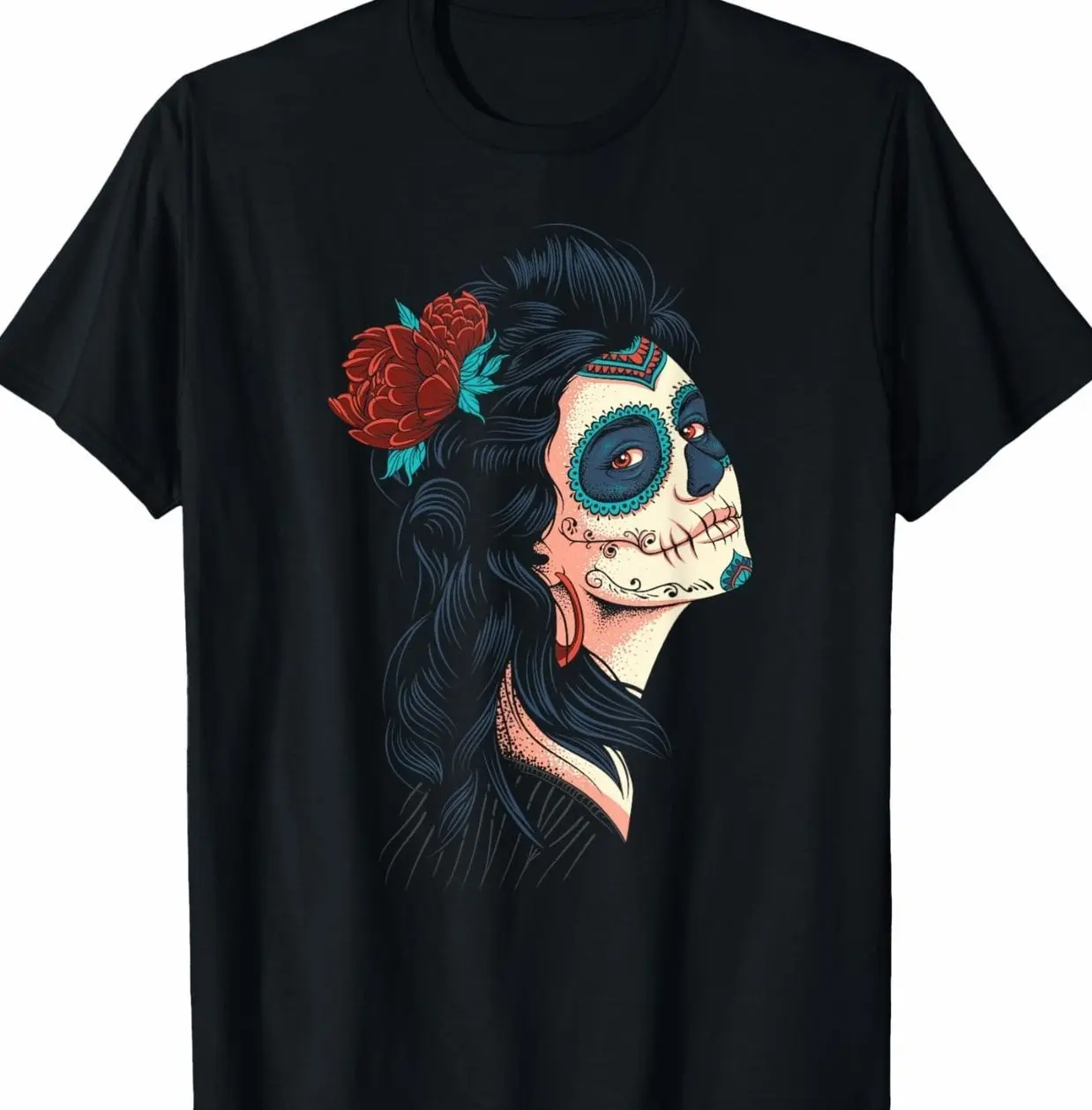 Women's Short-Sleeve La Calavera Catrina Santa Muerte Graphic T-Shirt, Cute Tops for Women, Shortsleeve