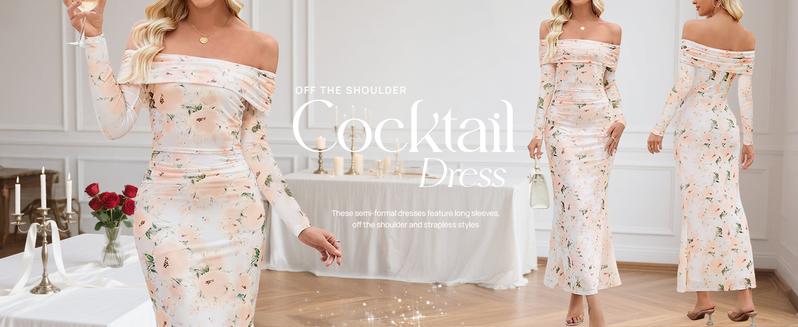 MEROKEETY Women's Fall Off Shoulder Floral Maxi Dresses Formal Long Sleeve Bodycon Cocktail Wedding Guest Dress